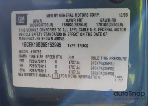 2006 Chevrolet Silverado 1500 Lt3 из США, поврежденный, VIN 1GCEK19B06E152995